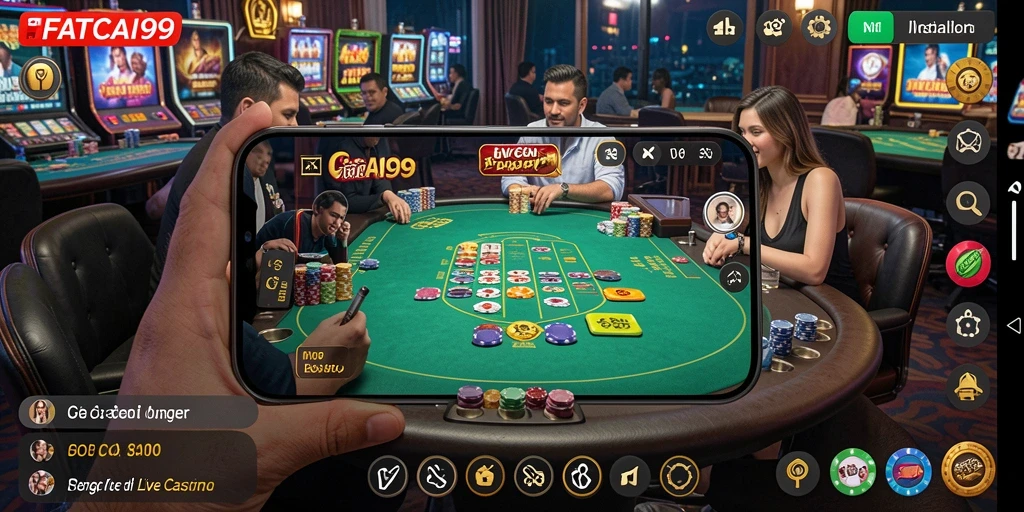 Screenshot gameplay FATCAI99 menampilkan dealer dan pemain dalam suasana Live Casino.