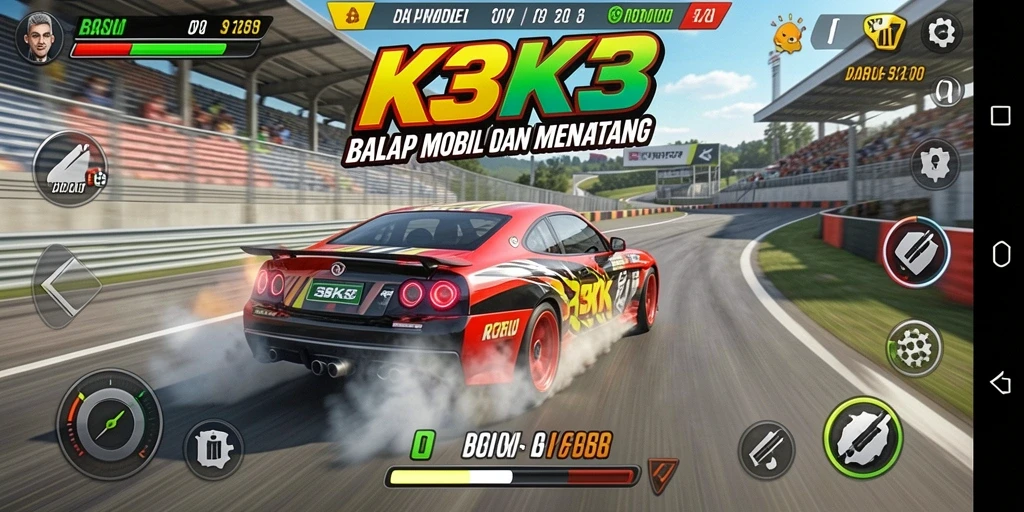 Screenshot gameplay K3K3 dengan balapan yang mendebarkan.
